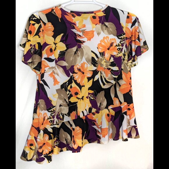 Fun ASHLEY STEWART 18/20 1X 0X Floral Print Stretch Asymmetric Hem Peplum Blouse - Picture 4 of 4
